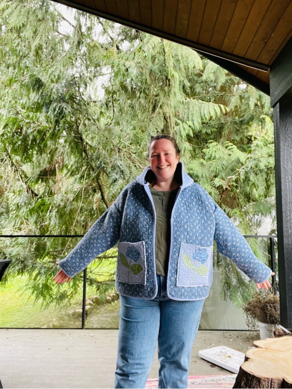 Handmade embroidered floral blue/purple quilted jacket OS